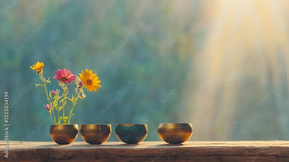Poster tibetan singing bowls arranged in a serene minimalist setting with natural light filtering in creati
