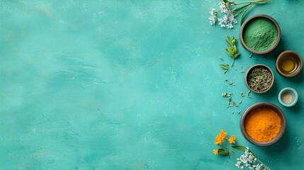 Traditional Ayurvedic treatments with brass bowls herbs and oils arranged in an and harmonious manner showcasing the holistic and natural approach to wellness relaxation and balance