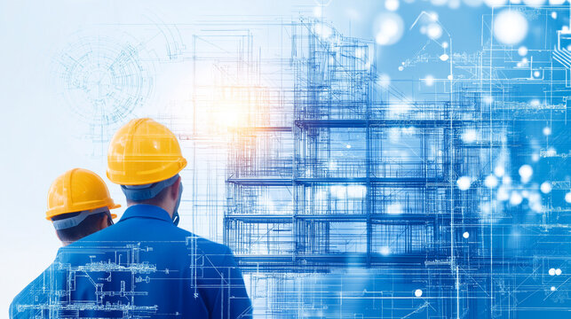 Detailed architectural blueprint overlay on construction site, scaffolding, workers in helmets