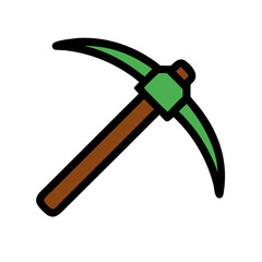 Pickaxe vector icon for mining and construction tools, minimalist line art style, icon on transparent background, low-rise construction theme, green-brown color palette