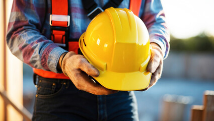 Fototapeta premium Hands of a Construction Worker Holding a Yellow Hard Hat, Symbolizing Safety and Labor on the Jobsite