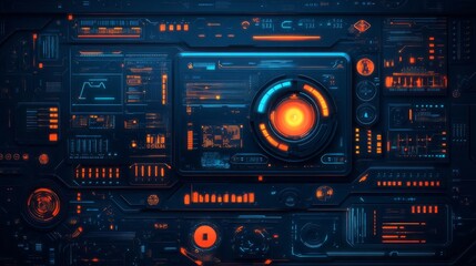 Obraz premium Cyberpunk Digital Interface Blue Orange Futuristic Tech
