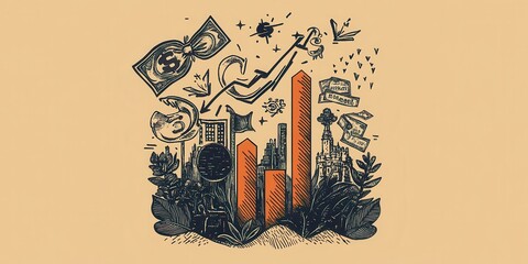 Abstract illustration of corporate growth with charts, money, and success symbols on a beige background.