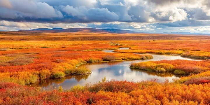 Tilted angle wetland tundra landscape with lakes in autumn colors in Nome Alaska USA