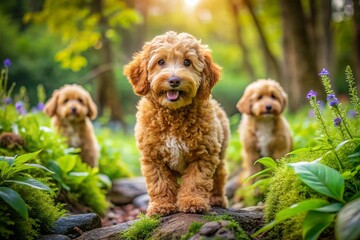 Fototapeta premium Adorable Pictures of Miniature Goldendoodles Playing and Exploring in Nature - Perfect for Pet Lovers and Dog