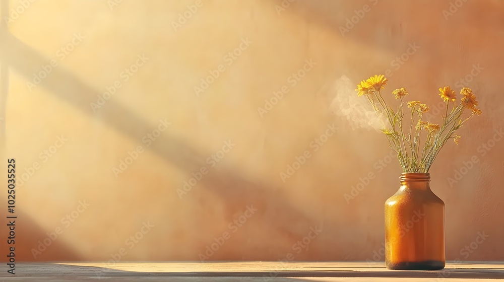 Poster warm glow of essential oils diffusing in a glass bottle surrounded by soft shadows and a serene natu
