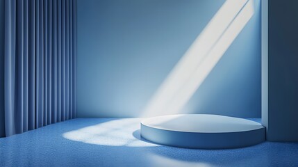 4. A serene 3D visualization of a blue-toned room corner, with light cascading in from a window onto a central podium, providing an elegant setting for product displays