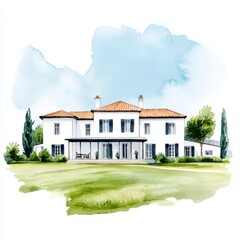 A picturesque white house with a terracotta roof set in a lush green landscape.
