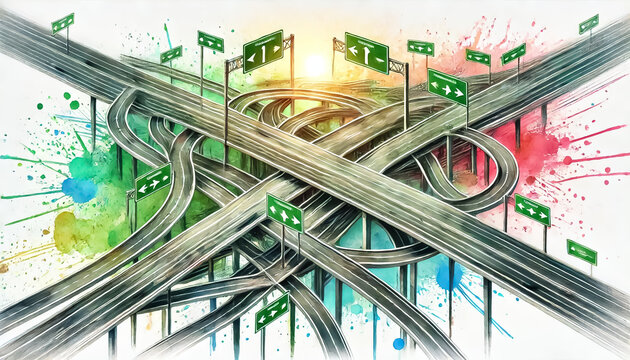 An illustration of many messy and broken highways, with many broken signs, depicting confusion and aimlessness.
