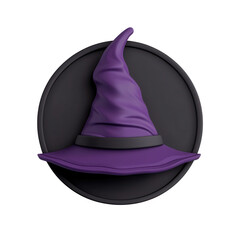 Fototapeta premium Purple witch hat with a mystical design on a black circular background.