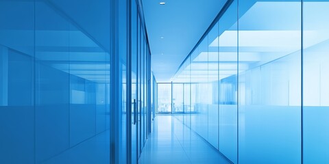 Obraz premium 青いガラスの廊下が続く現代的なオフィスビルの内部風景、昼間の自然光が差し込む