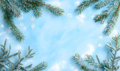 Obraz premium Winter background with frosted pine branches, snowflakes, and snow, perfect for Christmas cards, seasonal designs, and holiday invitations