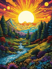 A River Flowing Through a Vibrant Landscape with a Large Sun and Clouds