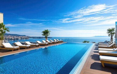 Fototapeta premium Panoramic view of the rooftop terrace, showcasing stylish sunbeds arranged around a crystal-clear swimming pool. 