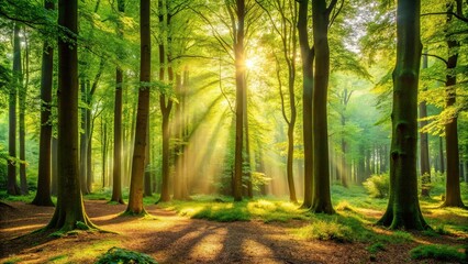 Fototapeta premium Tranquil woodland scene with towering trees and dappled sunlight