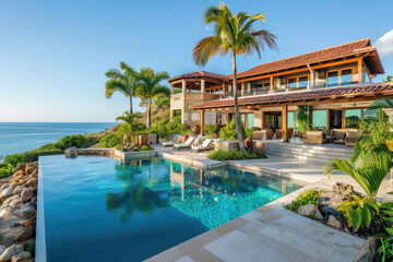 horizontal image of a beautiful coastal luxury estate, palm trees and swimming pool, ocean in the background