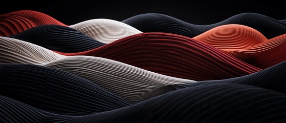 A stunning abstract representation featuring undulating waves in rich black, red, and white hues, creating a mesmerizing visual rhythm.