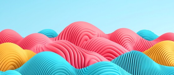 A vibrant, abstract landscape featuring colorful, wavy shapes in pink, blue, and yellow against a clear sky backdrop.