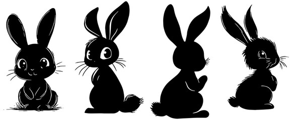 Set of four cartoon easter bunnies in black silhouette