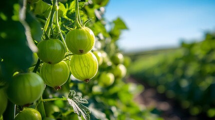 Fototapeta premium Fresh green tomatoes hang from vibrant vines under a clear blue sky, showcasing nature's bounty in a flourishing garden.