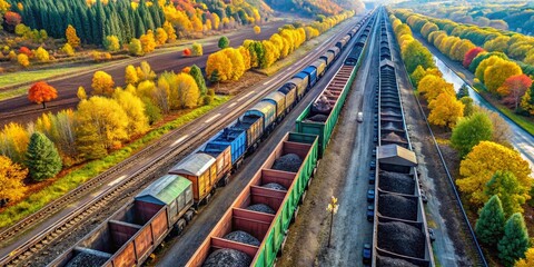 Fototapeta premium Aerial Drone View of Coal-Filled Train Carriages on Autumn Day - Rail Freight Transportation and Cargo Delivery