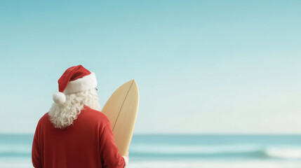 Santa looking out at ocean with surfboard, embodying unique blend of holiday spirit and beach vibes. This scene captures whimsical moment of relaxation and joy