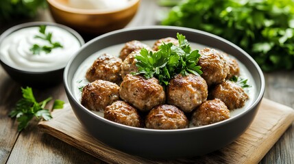 A bowl of flavorful meatballs garnished with fresh herbs, served with creamy sauce, showcasing a delicious and appetizing dish.