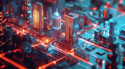 A vibrant, futuristic cityscape illuminated by neon lights, with towering buildings and a complex network of streets, evoking a digital metropolis.