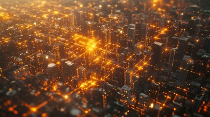 Obraz premium Aerial view of a vibrant cityscape illuminated with orange lights, showcasing a network of buildings and streets at night.