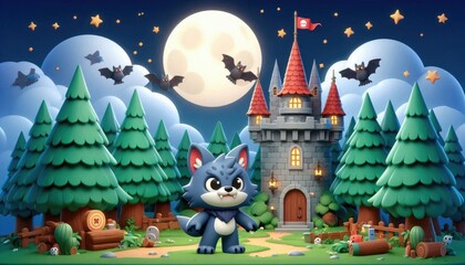 Cartoon of a howling wolf in a haunted forest at night under a glowing moonlight, with a haunted house and bats in the background. This spooky Halloween scene is perfect for a spooky holiday night.