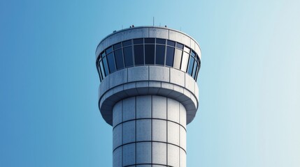 Air traffic control tower against a clear blue sky.