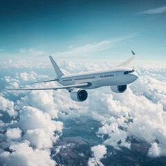 Obraz premium Airplane flying above clouds in a clear blue sky.