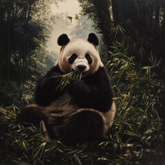 Obraz premium Adorable Panda Devouring Bamboo in Soft Light 1