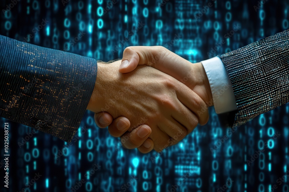 Poster business handshake with digital code background, symbolizing partnership and technology integration.