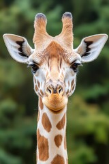 Obraz premium Close-up of a giraffe's face with expressive features, against a blurred background.