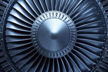 Close-up of an aircraft turbine engine, highlighting intricate metal blades and design.