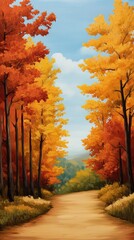 Fototapeta premium Colorful autumn forest path with orange and yellow leaves, serene and peaceful atmosphere.