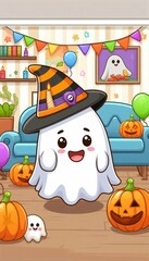 Cute little ghost on Halloween, cheerful birthday party scene with colorful party hats, balloons and festive decorations. The design combines festive elements, with a cartoon-like style with fun.