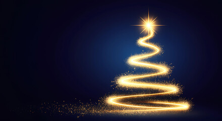 A minimalist Christmas card featuring a glowing, spiral-shaped tree with a shining star on top, set against a dark blue background. generative ai
