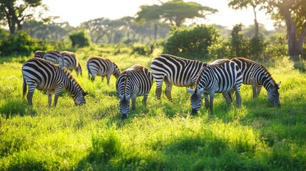 Fototapeta premium Zebras Grazing in Golden Savanna Light