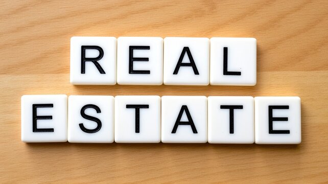 Scrabble tiles spell 'REAL ESTATE' on a light wooden surface, emphasizing the concept of property and investment.