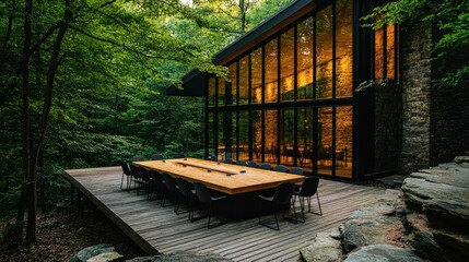 A unique corporate retreat in the forest, where a team is holding an outdoor meeting at a large wooden table, surrounded by nature, blending the beauty of the environment with productive discussions