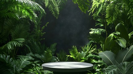 1. A serene 3D scene featuring a podium pedestal surrounded by lush green plants in a tropical forest garden, creating an organic theme for natural cosmetic and food presentations against a black