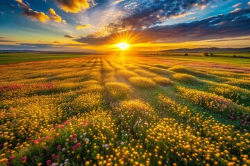 Obraz premium Aerial View of Vibrant Grass Flowers in Bloom During Golden Hour