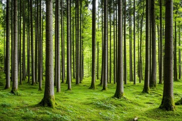 Obraz premium Lush green forest with tall trees and vibrant undergrowth.