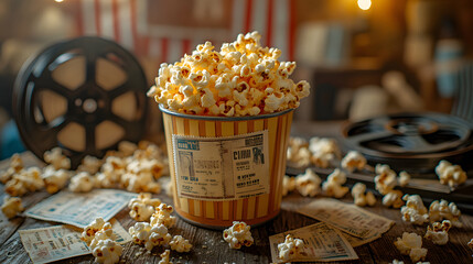 A vintage cinema setting with popcorn and old film reels on a rustic wooden table. National Popcorn Day concept