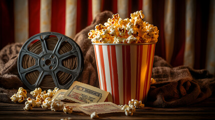 A classic movie night setup featuring popcorn, a film reel, and vintage tickets on display. National Popcorn Day concept