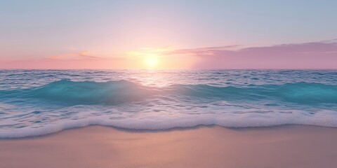 Obraz premium 美しい夕日の海岸線で波が優しく打ち寄せる瞬間の静かな風景
