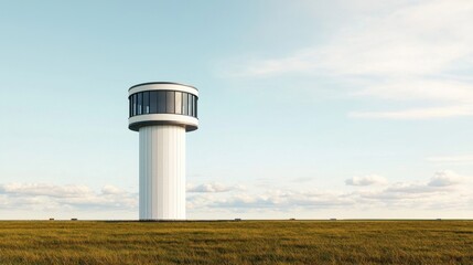 Air control tower amidst a tranquil landscape under a clear blue sky.