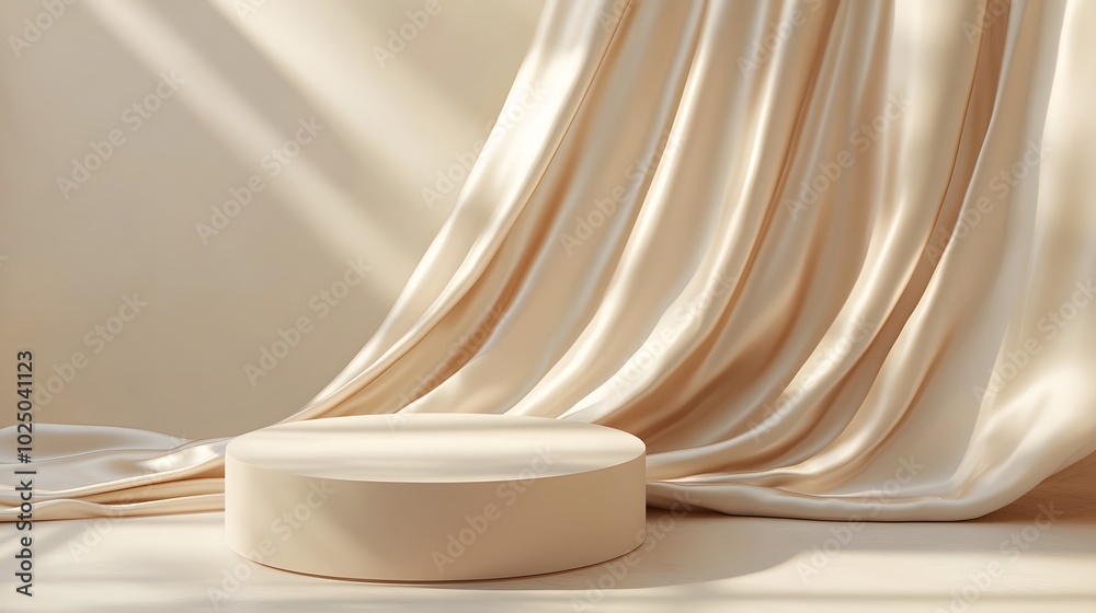 Fototapete 1. A sleek 3D rendering of a round pedestal set against a soft beige background, draped with a flowing wave of satin curtain, creating an elegant display space for natural cosmetics presentation